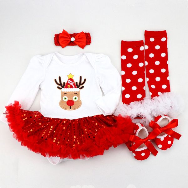 İlk Noel Romper 4pcs Bebek Kız Giysileri Tulum Romper Kafa Bandı 0-24M Age Ifant Yürümeye Başlayan Yenidoğan Kıyafetleri Kızlar İçin Set