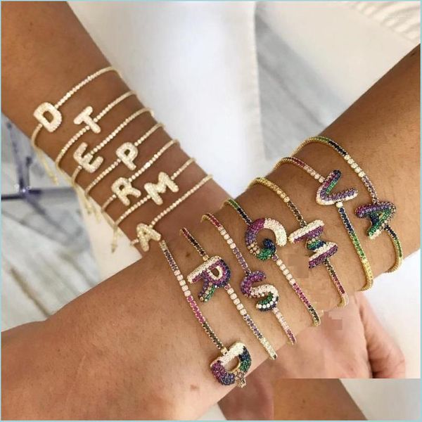 Pulseiras de charme charme pulseiras de atacado bolha 26 letra de ajuste de ajuste inicial pulseira fina de t￪nis branca cor de arco -￭ris ken dhamn