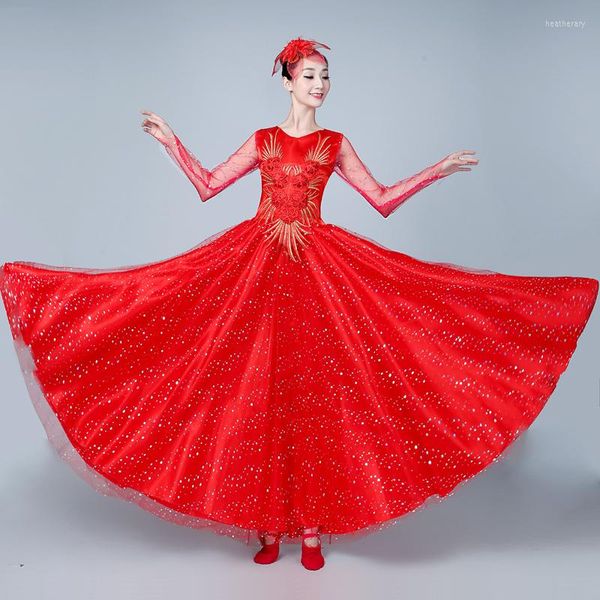 Sahne Giyim Açılış Dansı Tam etek Modern Yetişkin Kadın Kırmızı Elbise İspanya Büyük Salıncak Korosu Kostüm Takım H608