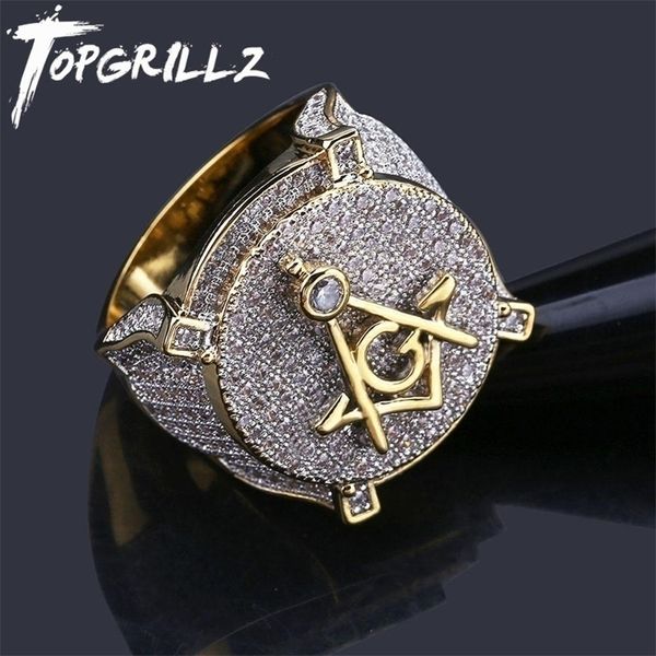 Anéis de banda TOPGRILLZ Hip Hop banhado a ouro latão gelado micropave zircão cúbico anel maçônico charme para presentes masculinos com 7 8 9 10 11 221109