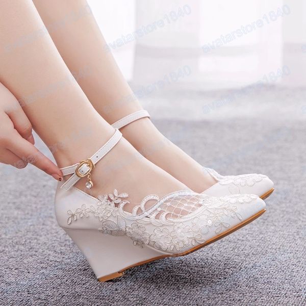 8CM High Heels Ankle Strap Damen Kleid Schuhe Braut Partei Pumpen Frauen Weiße Spitze Hochzeit Schuhe Keile