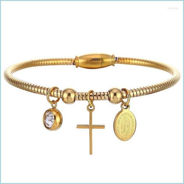 Charm-Armbänder Charm-Armbänder Religiöse Jungfrau Maria Kreuz Armband Gold Edelstahl Cz Stein Magnet Draht umwickelt Armreifen für W Dhb89