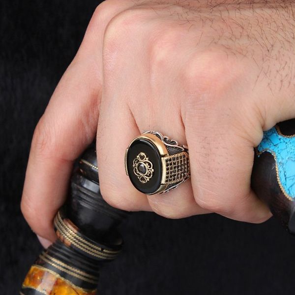 T GG Handgefertigter türkischer Ring für Männer, Vintage-Doppelschwerter, schwarzer Zirkon-Ring, Punk, islamischer religiöser muslimischer Schmuck