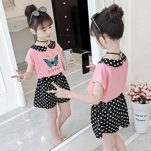 Completi di abbigliamento Abiti casual da ragazza estiva Pantaloncini coreani con stampa a farfalla alla moda Due pezzi in abiti da bambina alla moda per ragazzini