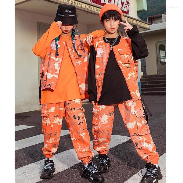 Bühnenkleidung 2022 Orange Camouflage Weste Lose Hosen Street Dance Jazz Moderne Kostüme Kinder Hip Hop Kleidung DQS8377