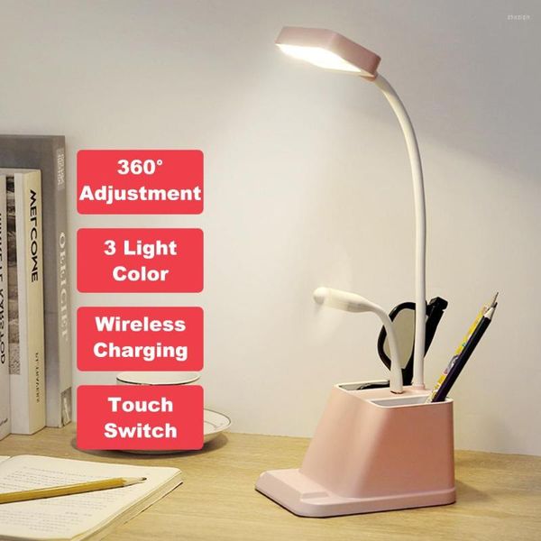Tischlampen LED-Schreibtischlampe 3-Stufen-Dimm-Touch mit USB-Stecker und kabelloser Ladefunktion Student Study Light Book Reading