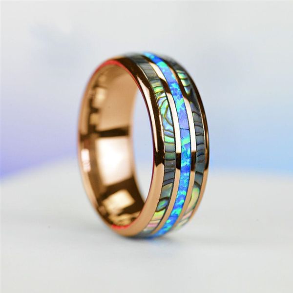 Mode 8mm Rose Gold Ring Wolfram Edelstahl Ringe Inlay Abalone Shell Blau Opal Ringe Männer Hochzeit Schmuck