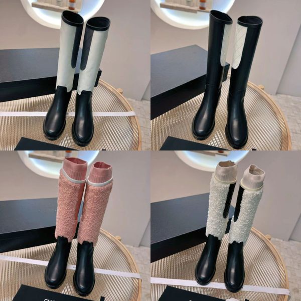 2023 Designer Frauen Wolle Ritter Kniehohe Stiefel Luxus Mode Sexy Schwarz Weiß Dicke Lederstiefel Damen Winter Elektrische Stickerei Gestrickte Wolle Niedrige Ferse Schuhe