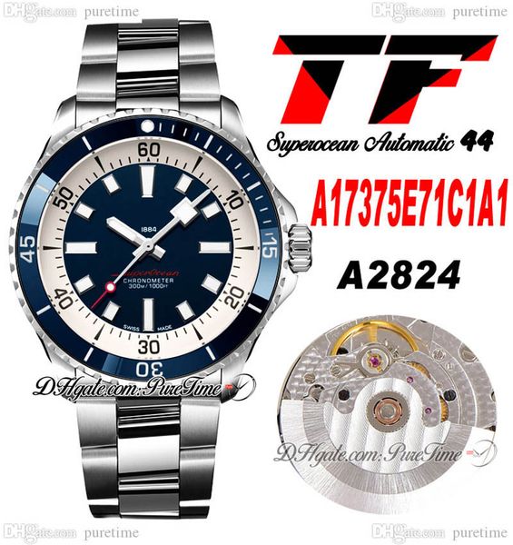 TF Superocean 44 ETA A2824 Mens Automático Assista A17376A31L1A1 Moldão de cerâmica Blue Branch Dial Stick Stick Aço Interior Relógios Super Edição Puretime B2