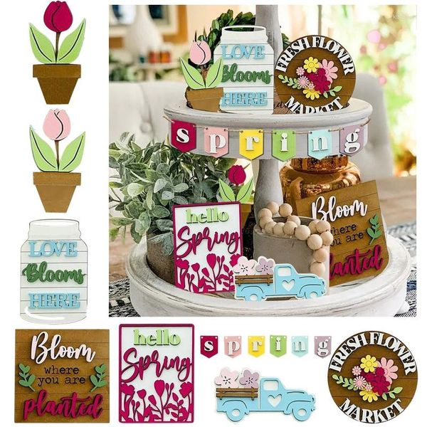 Decoração de festa Spring Tied Bandejamento Ornamento de madeira Tulipe Tulip Flower Sign Table em camadas para fundo de férias de fazenda no atacado