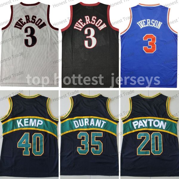 Maglia da basket Retro Iverson 3 Allen 20 Gary 40 Shawn Payton Durant 35 Kemp Mitchell Ness Maglia da uomo nera bianca Stitched Throwback