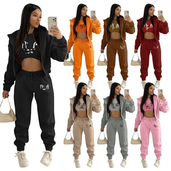 2024 Designer Marca Fleece Tracksuits Mulheres Jogging Terno Rosa Impressão 3 Peça Conjuntos Hood Jacket Tank Calças Manga Longa Sweatsuits Outfits Casual Sport Roupas 8902-9