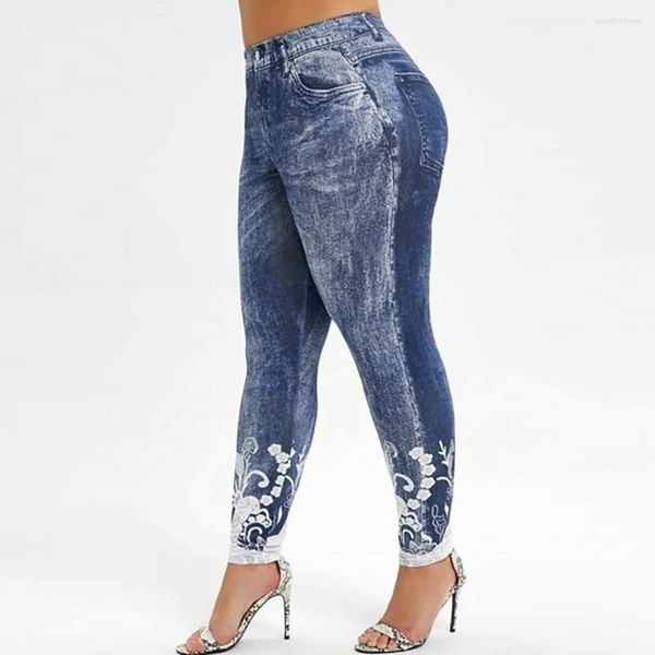 Calças calças jeans jeans femininos perneiras mais tamanho 5xl feminino impressão floral sem costura calça full de luta de tamanho grande Jean A20