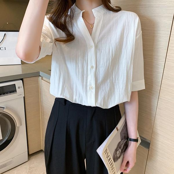 Camicette da donna Camicie da donna estive a mezza manica 2022 Moda coreana Camicie da donna in cotone poliestere bianco per età 18-35 anni