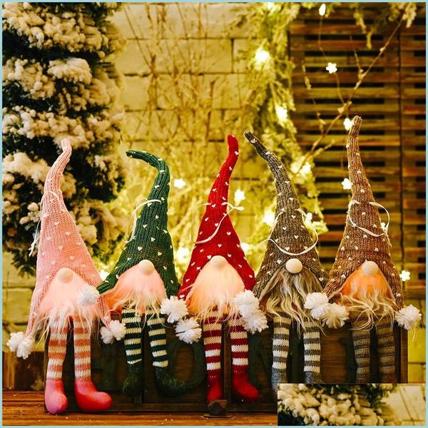 Decorazioni natalizie Bambola senza volto di Natale Ciondolo luminoso Merry Decor Gamba lunga Albero di Natale Appeso Ornamento 5 modelli Drop Delive Dhcs9