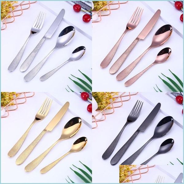 Set di posate Posate d'oro Set di posate Cucchiaio Forchetta Coltello Cucchiaino Stoviglie in acciaio inossidabile Stoviglie Cucina Drop Delivery Giardino domestico D Dhkdm