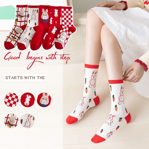 Meias Red Socks Autumn e Winter Christmas Socks Cartoon Cute Rabitsboard Tubo médio