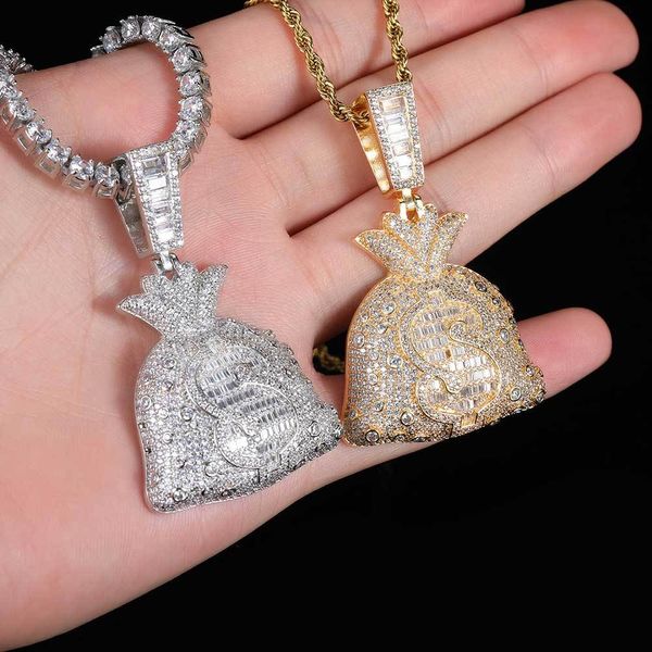 Hip Hop Dollar Geldbörse Anhänger Halskette Bling Zirkon 18K Echt vergoldet Männer Frauen Weihnachtsgeschenk