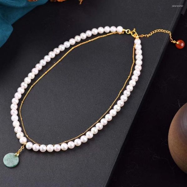 Catene Design originale Collana di perline di perle d'acqua dolce naturale per donne Ragazze Gioielli in argento sterling con doppio ciondolo in giada a doppio strato