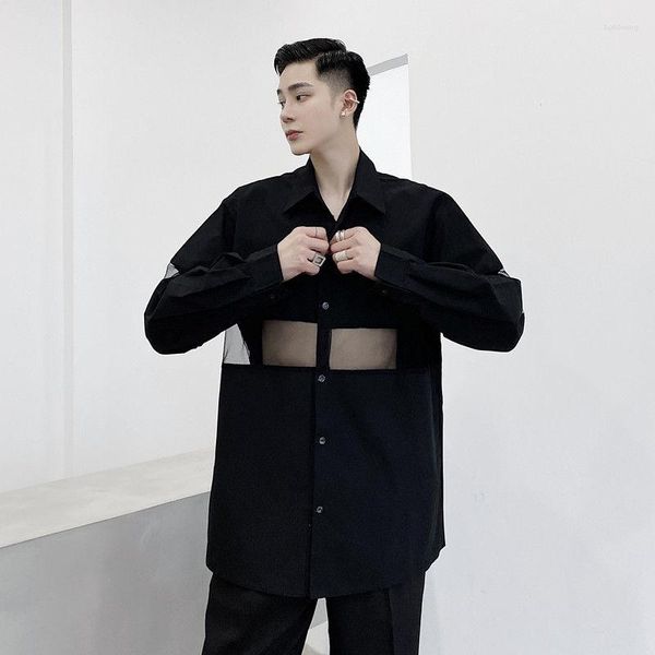 Erkek sıradan gömlekler şeffaf /erkek örgü dikiş tasarımı siyah whtie büyük boy gömlek moda erkek 2Y3506 için gevşek sonbahar üstleri