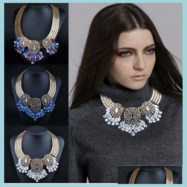 Girocolli Collana girocollo robusta stile occidentale Gioielli di moda Lega di strass Fiore di cristallo Ciondolo goccia d'acqua Vendita Bianco Blu Goccia Dhqac