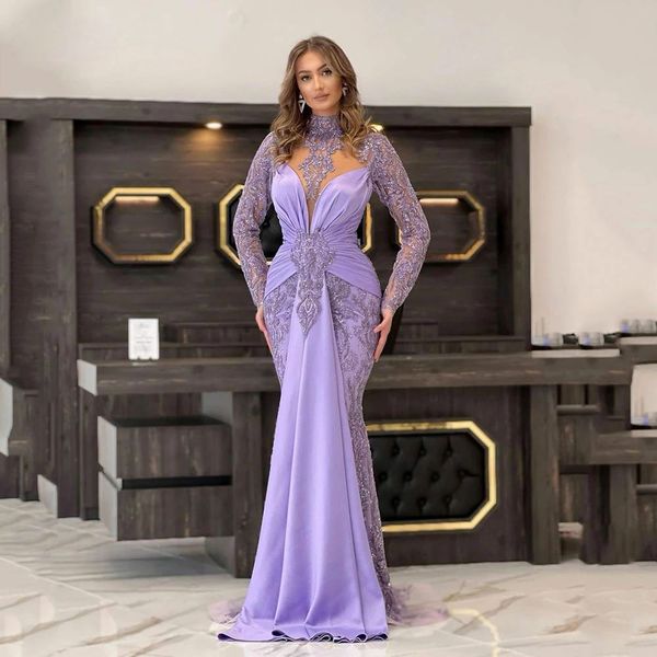 Abiti da sera eleganti a sirena in pizzo color lavanda collo alto maniche lunghe abiti da festa di compleanno formali Robe De Soiree