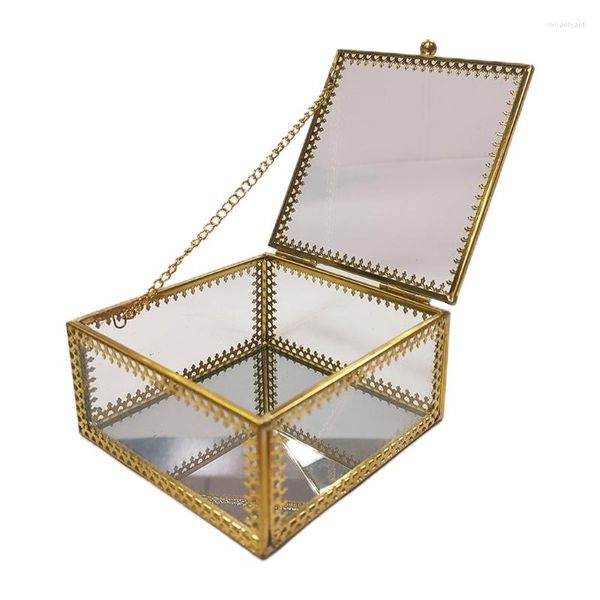 Bolsas de joias Bolsas de vidro dourado vintage Caixa decorativa Decorativa Organizador de exibição de renda quadrada transparente Pulseira de anel de renda