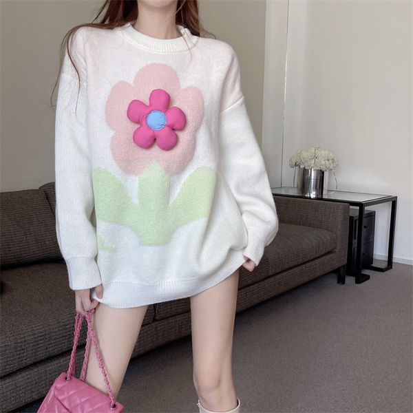 Женский o-вырезовый цветок аппликация милые пуловерные прыжки свитера свободные топы