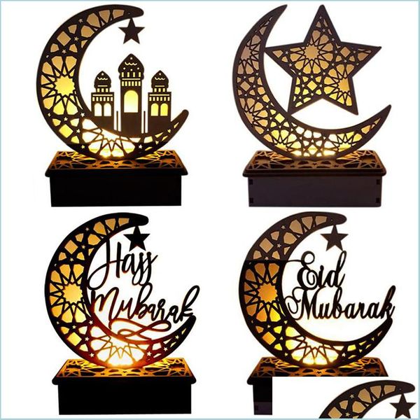 Andere festliche Partyzubehör Eid Mubarak Ramadan Holzdekor Hohlmond Stern Segen Wort Dekoration für Happy Home Zimmertisch Dhbqa