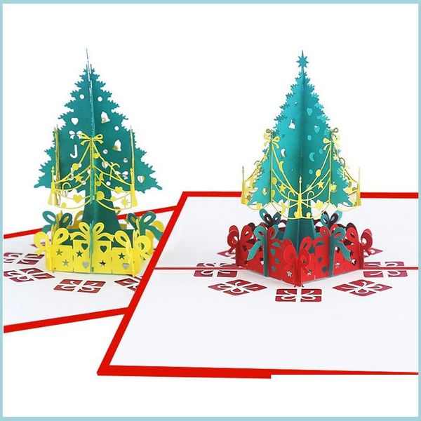 Cartes de voeux Arbre de Noël 3D Pop Up Cartes de voeux Or Arbres rouges Joyeux Noël à la main Vacances Drop Livraison Maison Jardin Festif Dhbqs