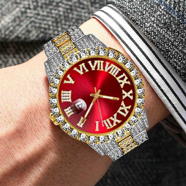 Iced de alta qualidade Luxury Watch Men Gold Sier Zirconia Watch Hip Hop Diamonds Bracelet Stainls Steel Quartz Mens Watch Birthday Gift5W1H