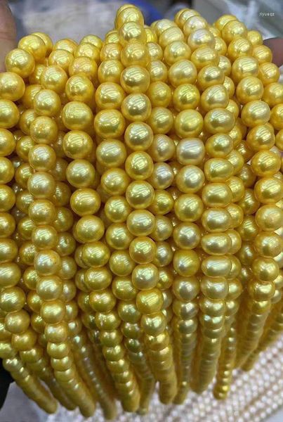 Цепи Оптовые 9-10 мм Большой окрашенный золотой цвет Свободное пресноводное жемчужное ожерелье с настоящей прядью длиной 38 см 10 шт./Лот