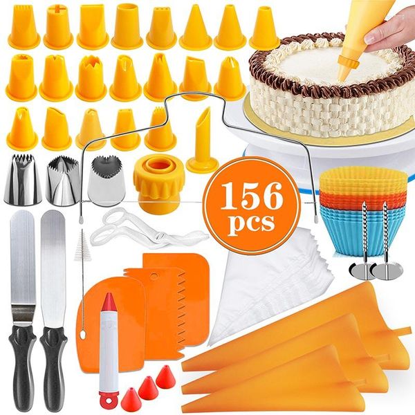 Pişirme Araçları 156pcs Kek Dekorasyon Malzemeleri Kit Tek Kullanımlık Boru Torbaları Buzlanma uçları Yeni Başlayanlar İçin Nozul Kekler Ekmek Seti