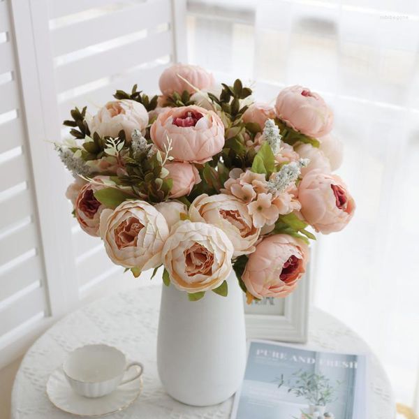 Flores decorativas 2pcs/pacote imitação rosa claro China Penoy Bouquet Wedding noiva Holding Artificial Holding