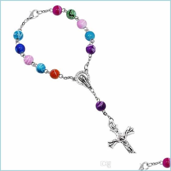 Braccialetti con ciondoli 8Mm Colorf Perline acriliche Bracciale rosario cattolico Donna Religioso Gesù Croce Crocifisso Bracciali Gioielli hip-hop Dro Dhkx3