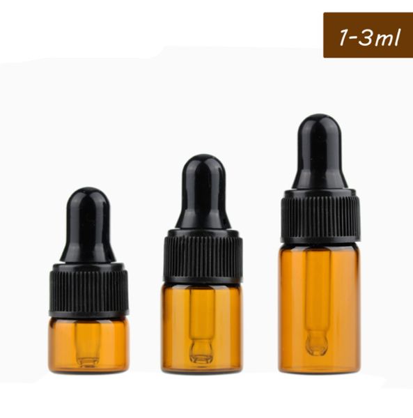 1ml 2ml de 3ml de gotas de gotas de gotas de vidro âmbar com tampa branca preta garrafa de óleo essencial de óleo de perfume pequeno armazenamento de amostragem de amostragem