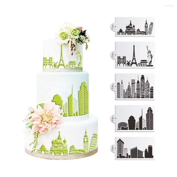 Stampi da forno 1/5Pcs Landmark Building Cake Stencil Est Design Stampi per fondente Strumento di decorazione artistica