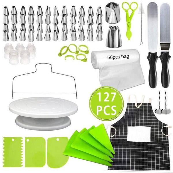 Pişirme Araçları 127pcs Kek Dekorasyon Kiti Ev Önlük Kredisi Turn tablası Boru Nozulları ile İpuçları ve Çantalar