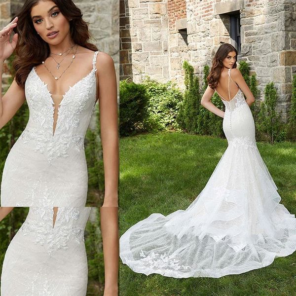 Abiti da sposa a sirena aderenti con scollo a V Tulle senza spalline Appliques in pizzo Vestidos De Novia Personalizzato