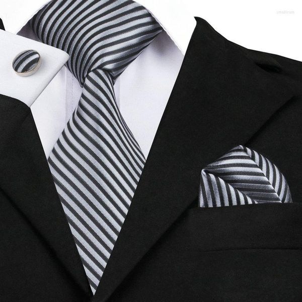 Papillon SN-915 Cravatta a righe argento nero Cravatta Hanky Gemelli Imposta seta da uomo per uomo Sposo da cerimonia nuziale formale