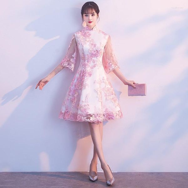 Roupas étnicas rosa doce e elegante dama de honra Mulheres temperamento Vestido de festa formal s-4xl requintado bordado floral novidade Cheongsam