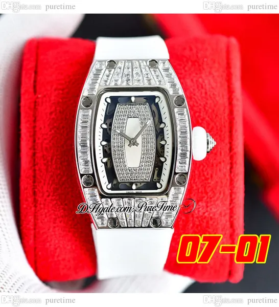 07-01 Baguette Diamonds Miyota Automatik Damenuhr Damenuhren Silber Pavé-Diamant Schwarzes Skelett-Zifferblatt Weißes Kautschukarmband Super Edition 6 Styles Puretime D4