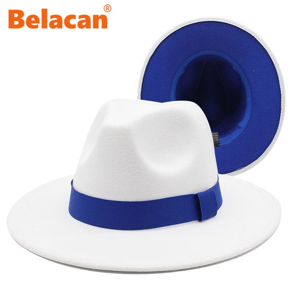 Cappelli a tesa larga Secchiello Patchwork bianco Fedora per le donne Classico bicolore in feltro Moda uomo Cowboy Jazz Cappello a cilindro Cintura blu 221110