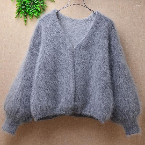 Maglieria da donna Ladies Women Hairy Grey Visone Cashmere Short Style Crop Top Maniche a lanterna lunghe Cardigan larghi Scollo a V Giacca in pelliccia d'angora Cappotto