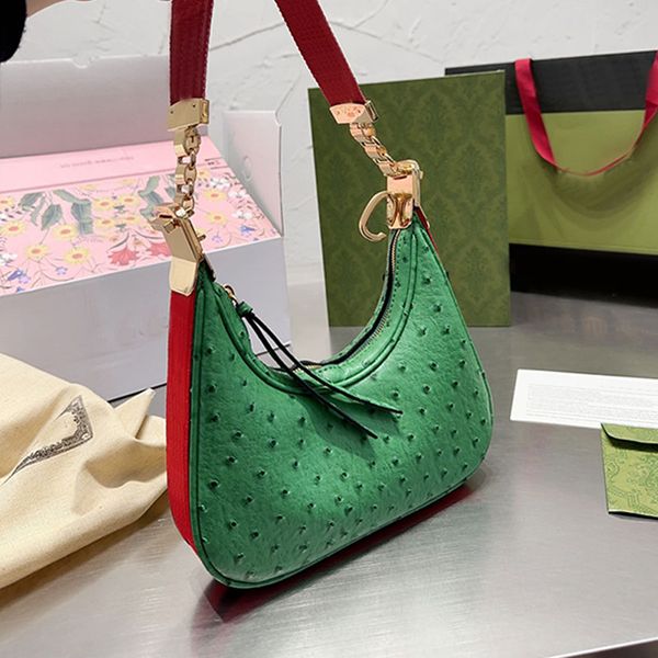 Ostrich Attentasche Retro Crescent Bag Crossbody Half Moon Bags Frauen Handtaschen Lady Schulter Croissant Geldbeutel Echtes Leder Red Green Gurt Beutel Gold Hardware Gold