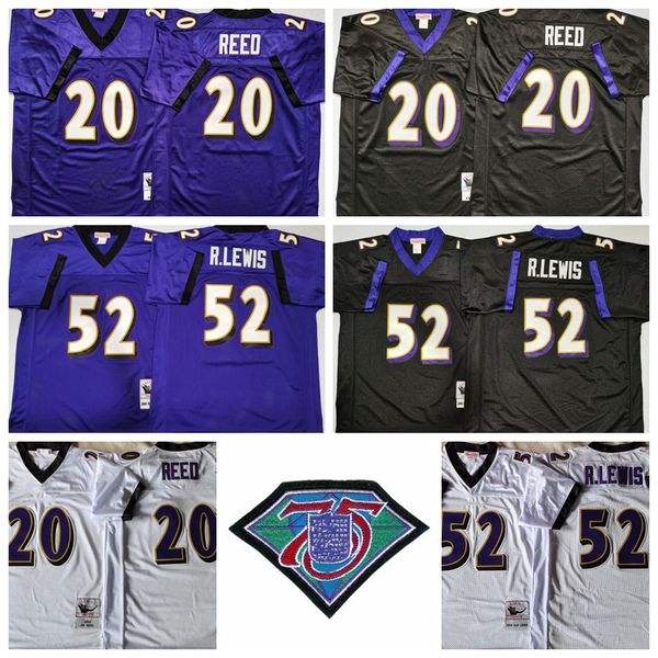 Mitchell e Ness Browback Football Vintage 20 Ed Reed Jersey Men 75th Anniversary Retro 52 Ray Lewis Black Purple White All Stitched NCAA