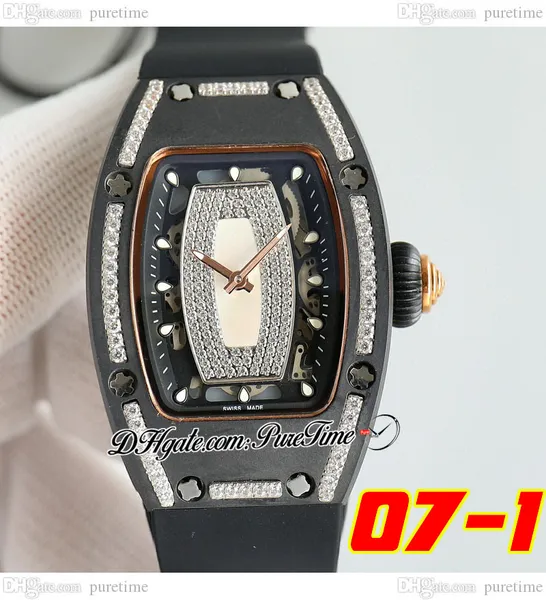 07-01 Schwarze Keramik Miyota Automatik Damenuhr Damenuhren Zweifarbige Roségold-Diamantlünette Weißes Skelettzifferblatt Kautschukarmband Super Edition 5 Stile Puretime C3