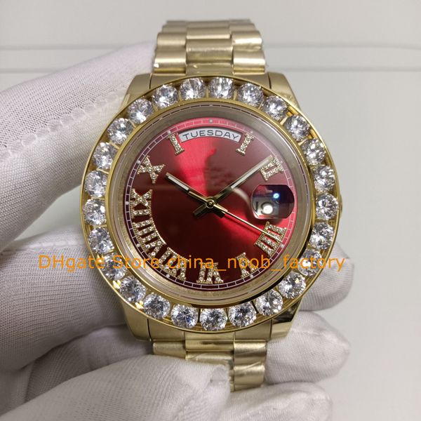 5-farbige Herren-Automatikuhr in Box, Herren-Armbanduhr mit großer Diamantlünette, rotem Zifferblatt, 43 mm, 18 Karat Gelbgold, mechanische Uhren, Armbanduhren, Armbanduhren