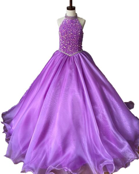 Orquídea Menina Concurso Vestido 2023 Alças Cristal Costas Lantejoulas Veludo Crianças Aniversário Vestido de Festa Formal Infanto Infantil Adolescente Pré-Adolescente Minúsculo Jovem Júnior Senhorita Crianças