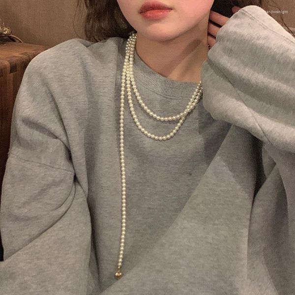 Ketten GSOLD Französisch Vintage mehrschichtige weiße Perlen Halskette Metall Herz Charm Perle Quaste Lariat Schlüsselbein Kette Schmuck